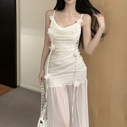 Ruched Mermaid Maxi Flower Spaghetti Dress Side-Slit Plain Strap Detail