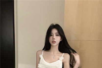 Ruched Mermaid Maxi Flower Spaghetti Dress Side-Slit Plain Strap Detail