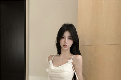 Ruched Mermaid Maxi Flower Spaghetti Dress Side-Slit Plain Strap Detail