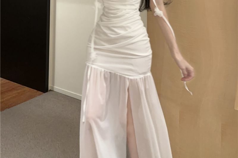 Ruched Mermaid Maxi Flower Spaghetti Dress Side-Slit Plain Strap Detail