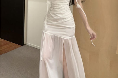 Ruched Mermaid Maxi Flower Spaghetti Dress Side-Slit Plain Strap Detail