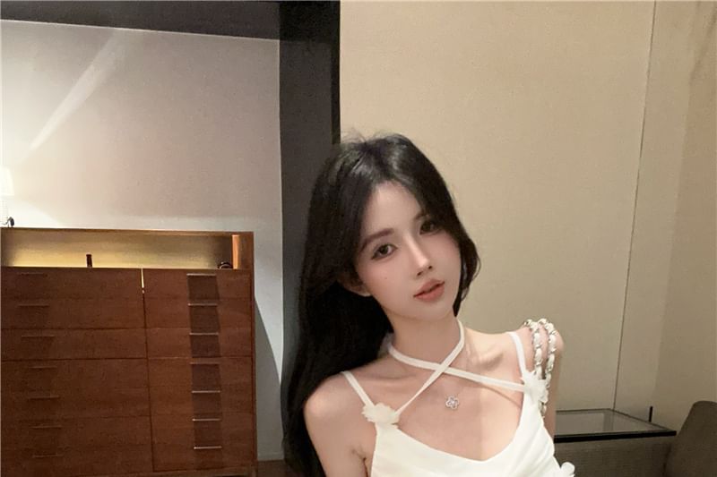 Ruched Mermaid Maxi Flower Spaghetti Dress Side-Slit Plain Strap Detail