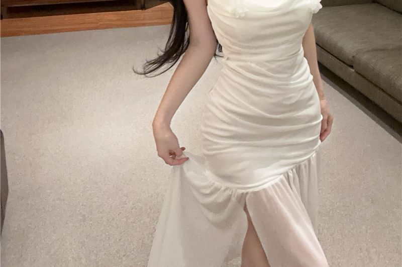 Ruched Mermaid Maxi Flower Spaghetti Dress Side-Slit Plain Strap Detail