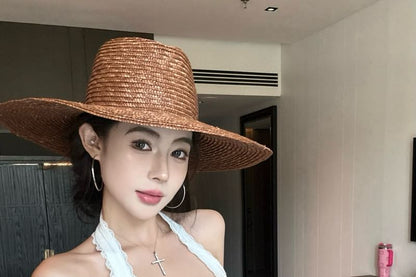 Scoop Bow Cropped Halter Plain Top Lace Neck Trim