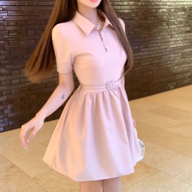 A-Line Collar Short-Sleeve Dress Plain Mini