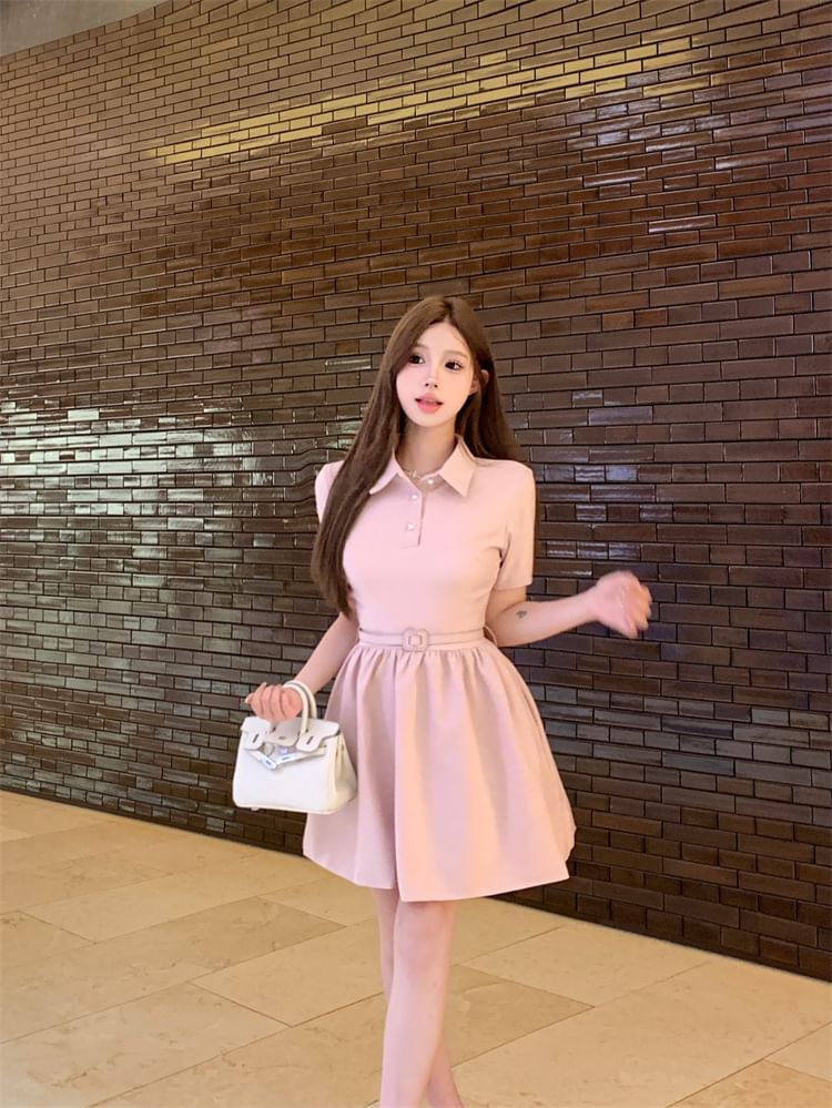 A-Line Collar Short-Sleeve Dress Plain Mini