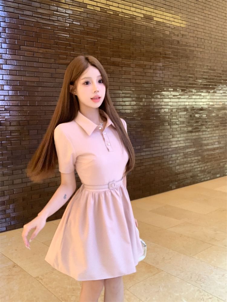 A-Line Collar Short-Sleeve Dress Plain Mini