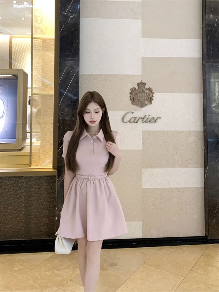 A-Line Collar Short-Sleeve Dress Plain Mini