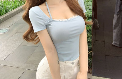 Trim Plain Neck Short-Sleeve Square Lace Tee