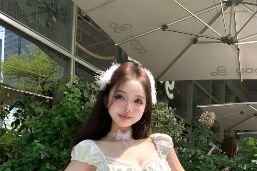 High / Square-Neck Top Shorts Puff-Sleeve Waist Lace Balloon Fishbone