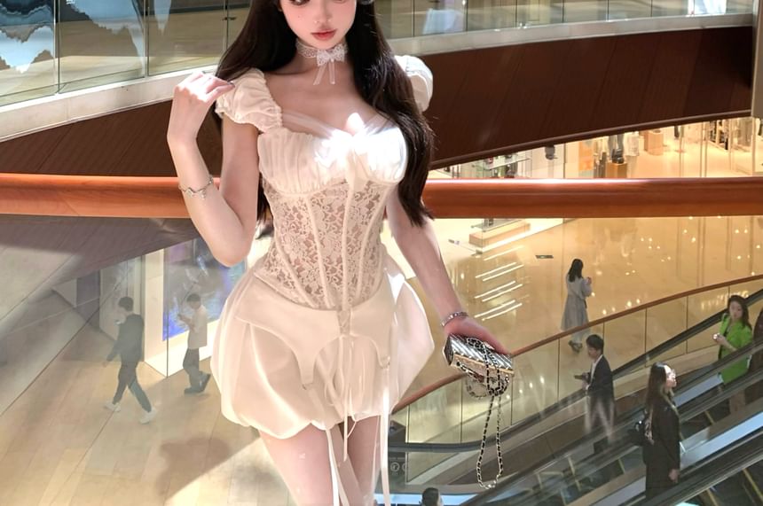 High / Square-Neck Top Shorts Puff-Sleeve Waist Lace Balloon Fishbone