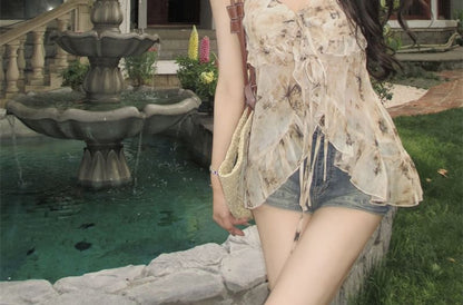 Camisole Print Top Floral Bow Ruffled