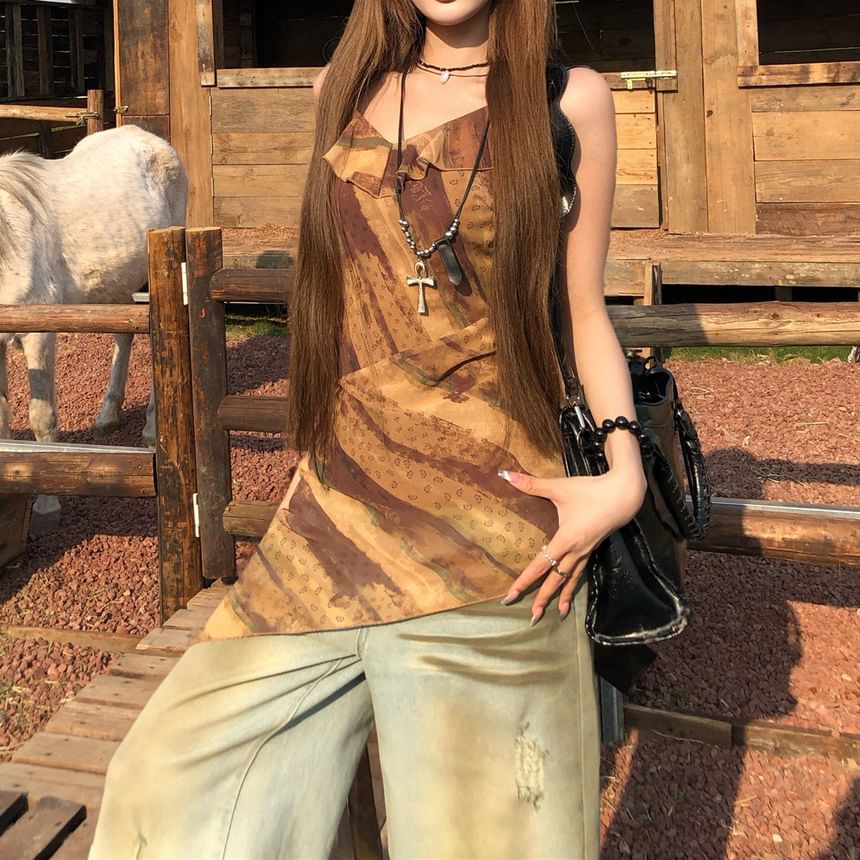 Top Camisole Ruffled Printed Asymmetrical