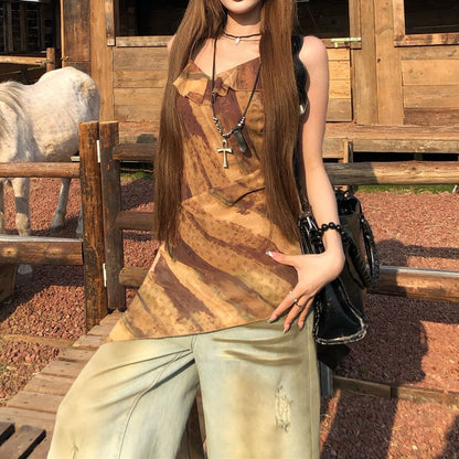 Top Camisole Ruffled Printed Asymmetrical