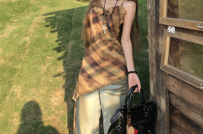 Top Camisole Ruffled Printed Asymmetrical