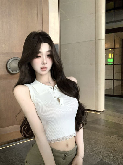 Sleeveless Trim Plain Collared Lace Top