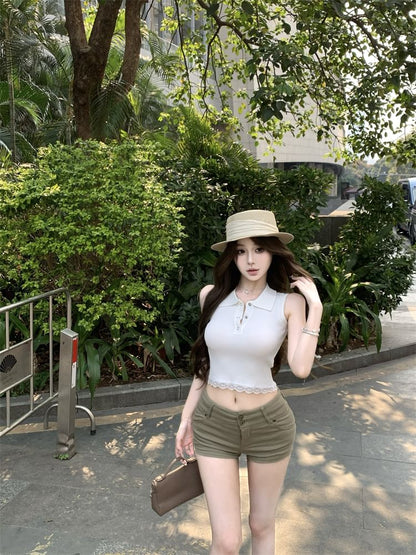 Sleeveless Trim Plain Collared Lace Top