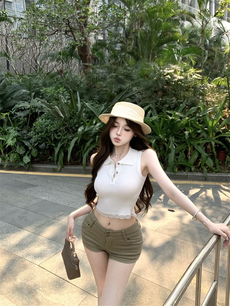 Sleeveless Trim Plain Collared Lace Top