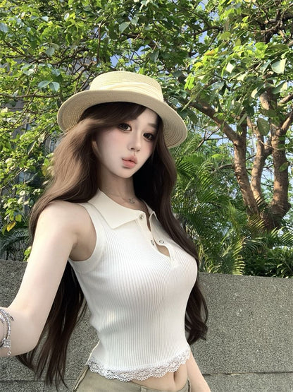 Sleeveless Trim Plain Collared Lace Top