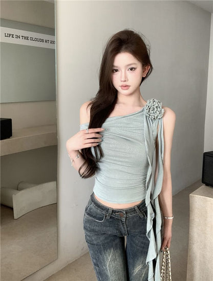 Crop One-Shoulder Plain Top Shirred Floral