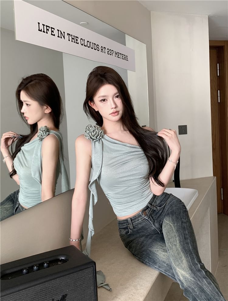 Crop One-Shoulder Plain Top Shirred Floral