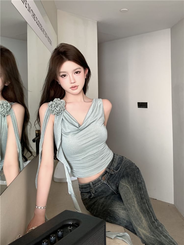 Crop One-Shoulder Plain Top Shirred Floral