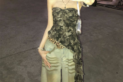 Camo Asymmetrical Tube Top Print Ruffled