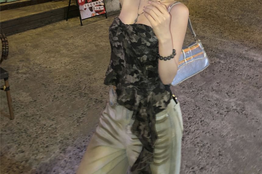 Camo Asymmetrical Tube Top Print Ruffled
