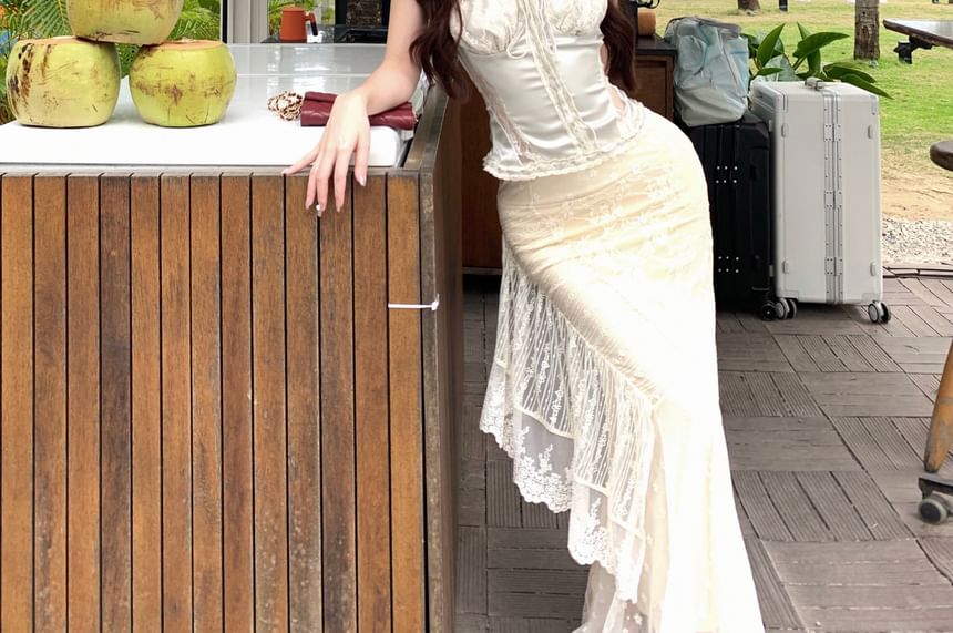 Skirt Camisole Trim Maxi Fishtail Satin Top High Rise / Lace Drawstring