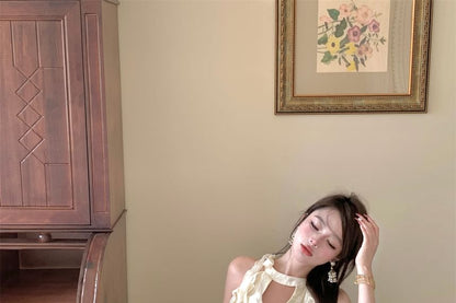 Set: + Plain Shorts Balloon Mini Ruffled Dress Halter-Neck A-Line