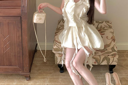 Set: + Plain Shorts Balloon Mini Ruffled Dress Halter-Neck A-Line