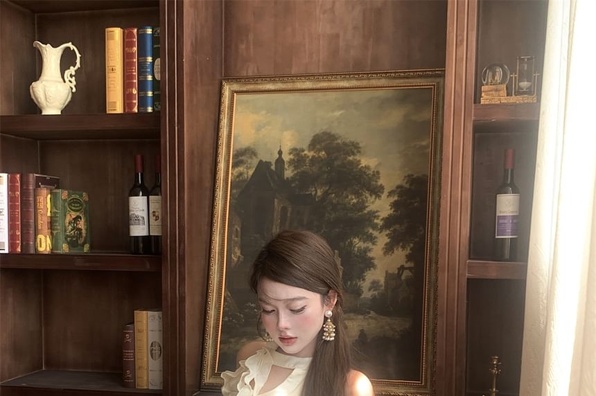 Set: + Plain Shorts Balloon Mini Ruffled Dress Halter-Neck A-Line