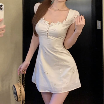 Dress Mini Square-Neck A-Line Trim Floral Short-Sleeve
