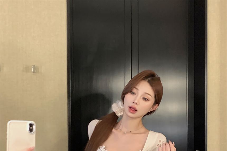 Dress Mini Square-Neck A-Line Trim Floral Short-Sleeve