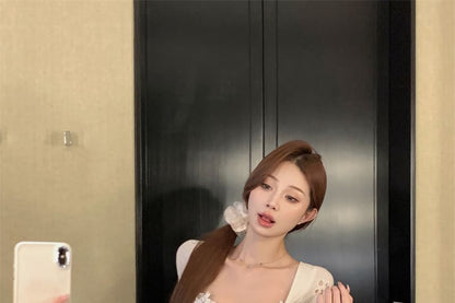 Dress Mini Square-Neck A-Line Trim Floral Short-Sleeve