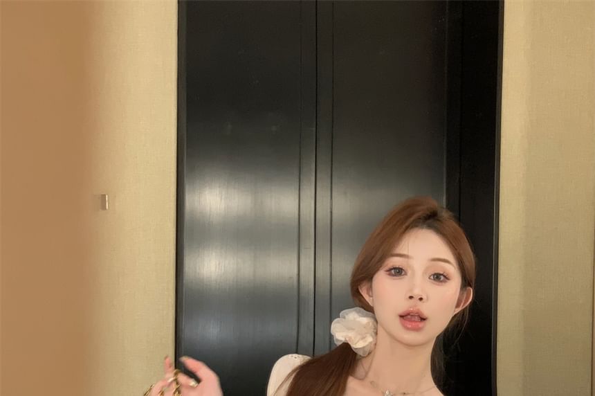 Dress Mini Square-Neck A-Line Trim Floral Short-Sleeve