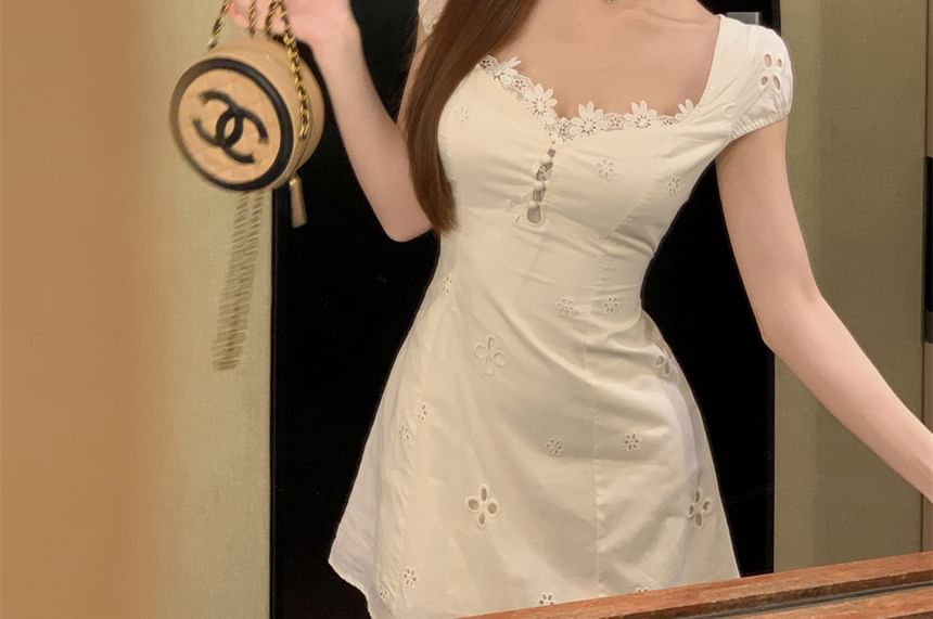 Dress Mini Square-Neck A-Line Trim Floral Short-Sleeve