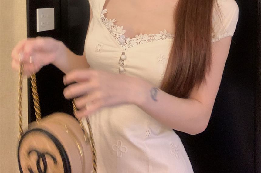 Dress Mini Square-Neck A-Line Trim Floral Short-Sleeve