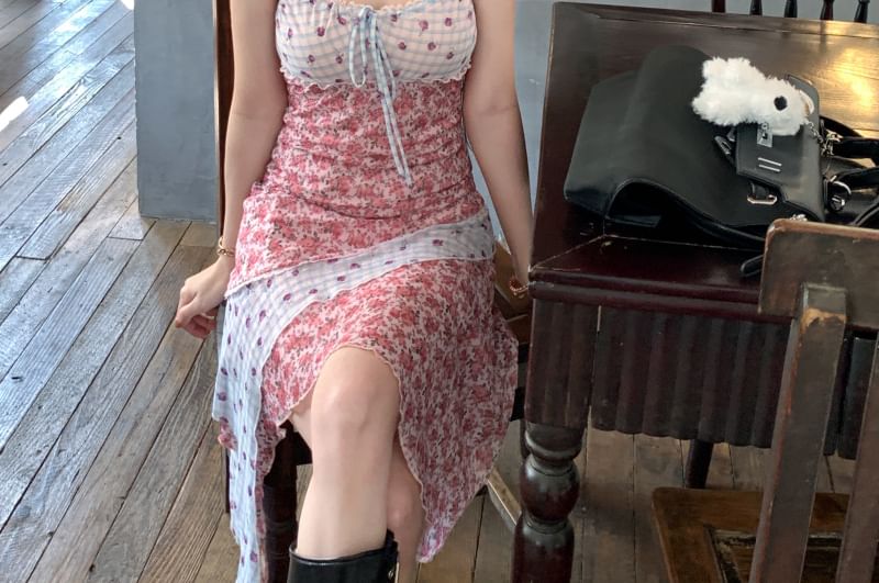 Bodycon Dress Strap Mini Floral Panel Spaghetti Asymmetrical Print