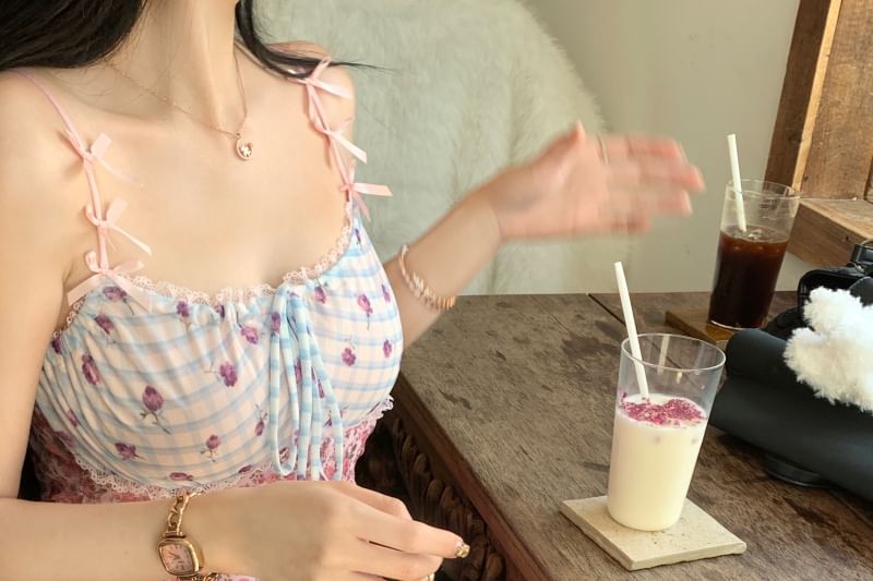 Bodycon Dress Strap Mini Floral Panel Spaghetti Asymmetrical Print