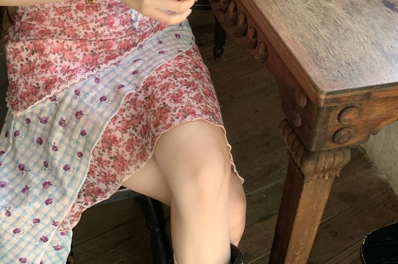 Bodycon Dress Strap Mini Floral Panel Spaghetti Asymmetrical Print