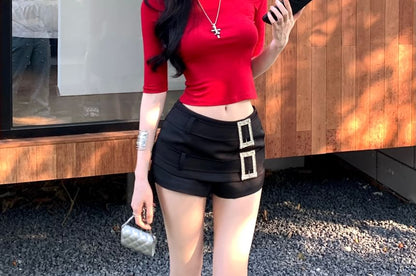 Crop Buckled Low Crew Plain Rise Rhinestone Shorts Tee / Short-Sleeve Neck