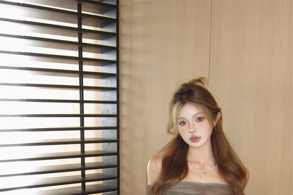 Print Long-Sleeve Tube Top Mesh + Off-Shoulder Set: Camo Crop