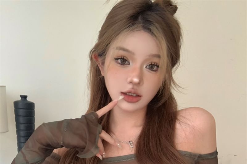 Print Long-Sleeve Tube Top Mesh + Off-Shoulder Set: Camo Crop