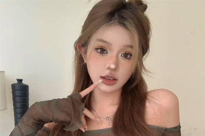 Print Long-Sleeve Tube Top Mesh + Off-Shoulder Set: Camo Crop