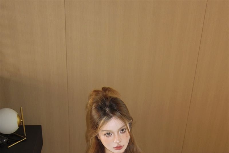 Print Long-Sleeve Tube Top Mesh + Off-Shoulder Set: Camo Crop