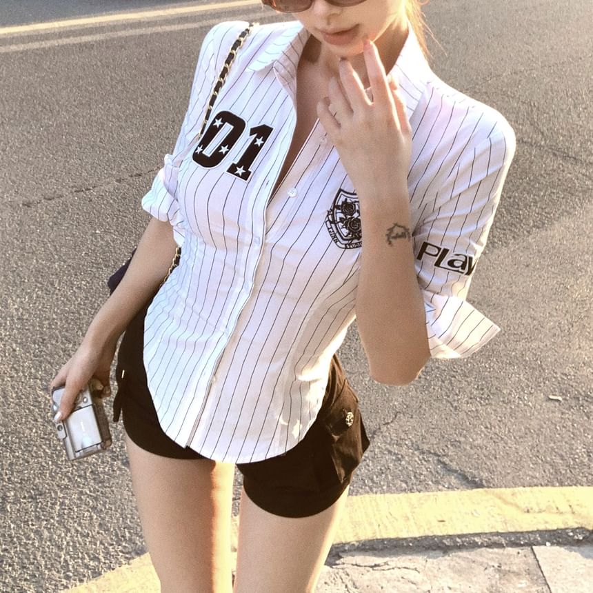 Elbow-Sleeve Striped Button-Up Shirt Numbering