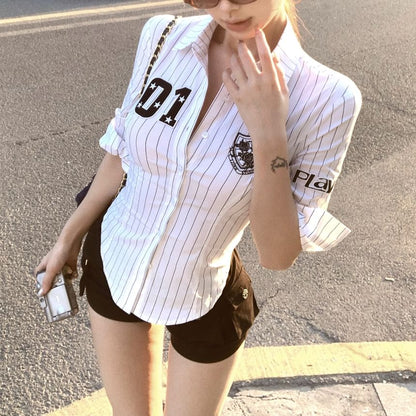 Elbow-Sleeve Striped Button-Up Shirt Numbering