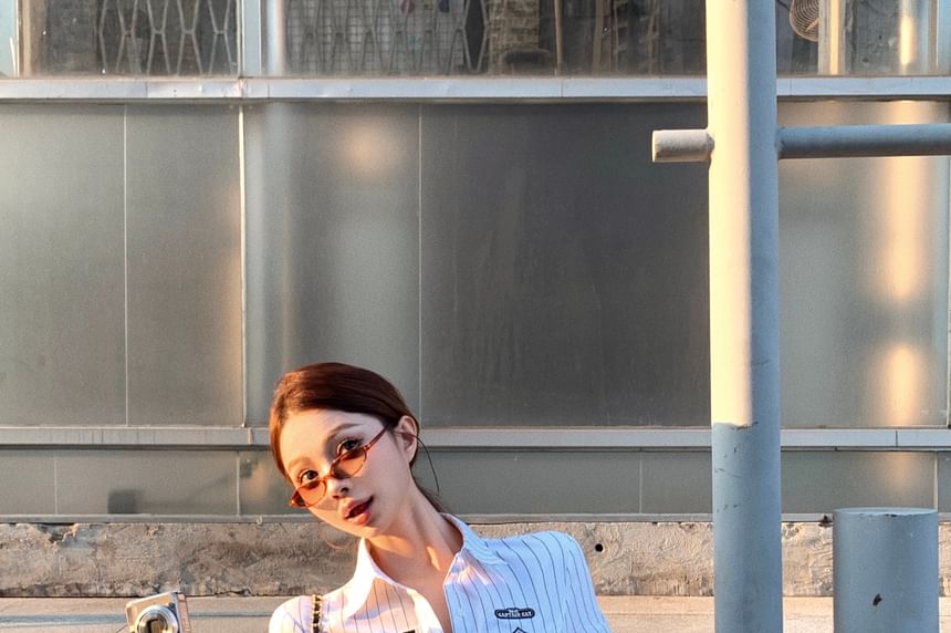 Elbow-Sleeve Striped Button-Up Shirt Numbering