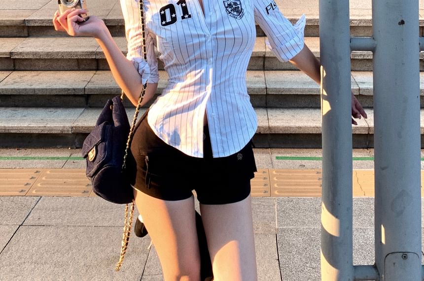 Elbow-Sleeve Striped Button-Up Shirt Numbering